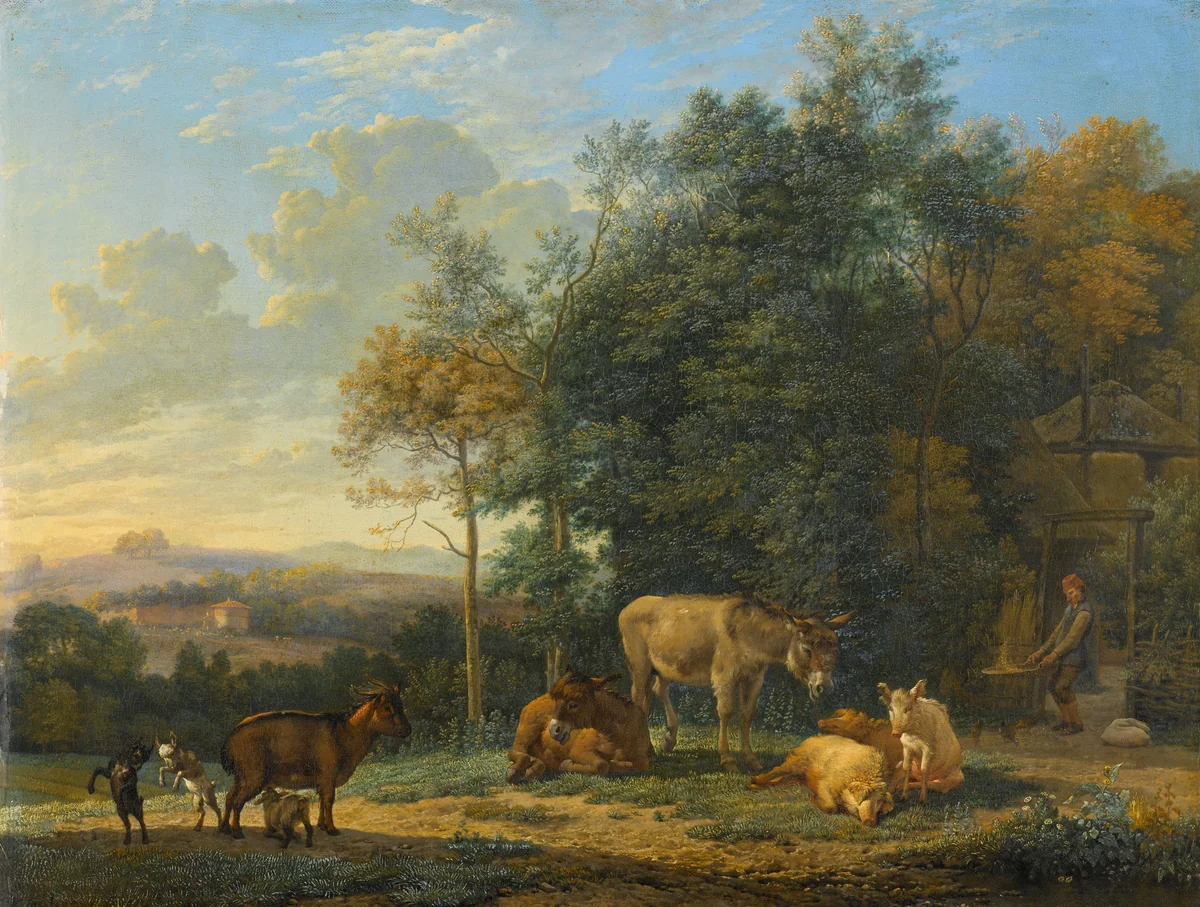 Landscape with Two Donkeys, Goats and Pigs by Karel du Jardin, painting, 1655