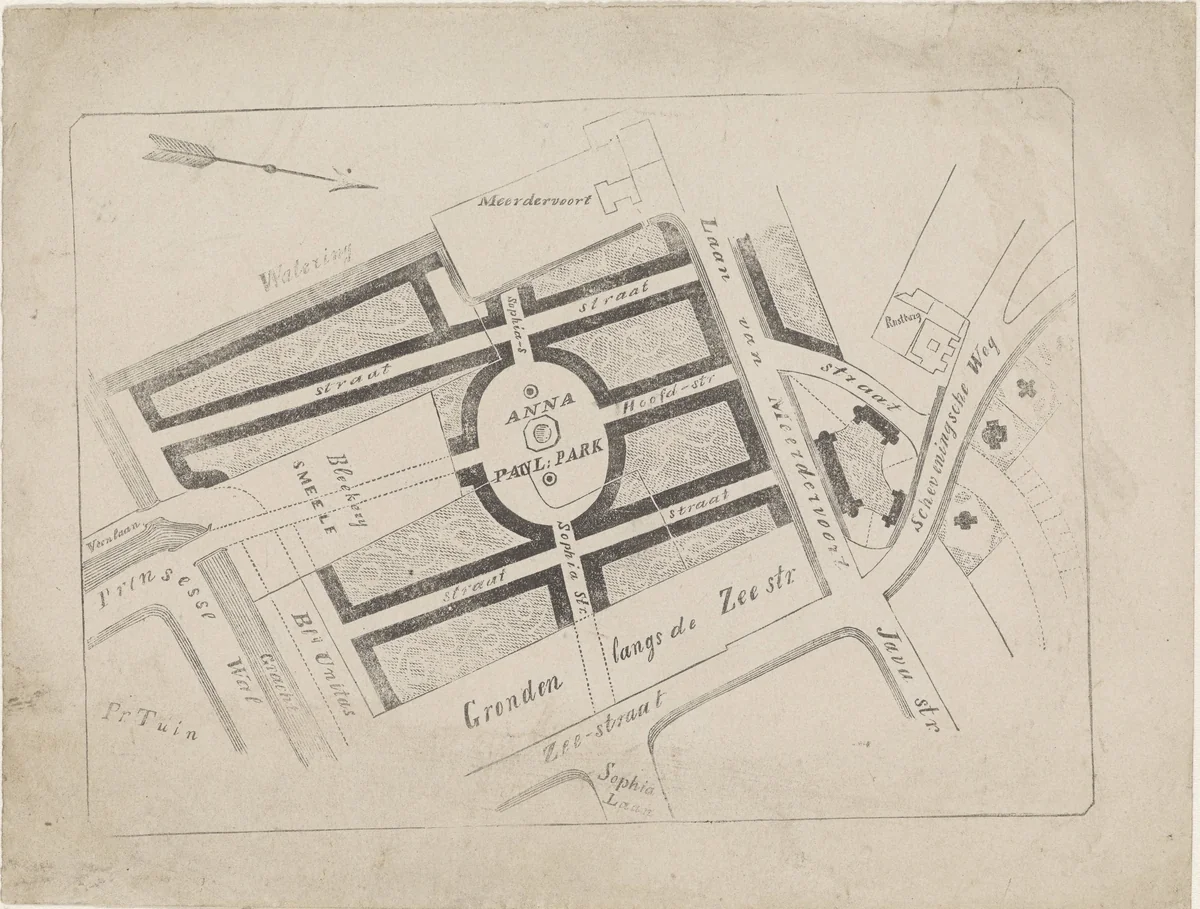 Plattegrond van het Anna Paulownapark te Den Haag by Isaac Weissenbruch, print, 1870-1912