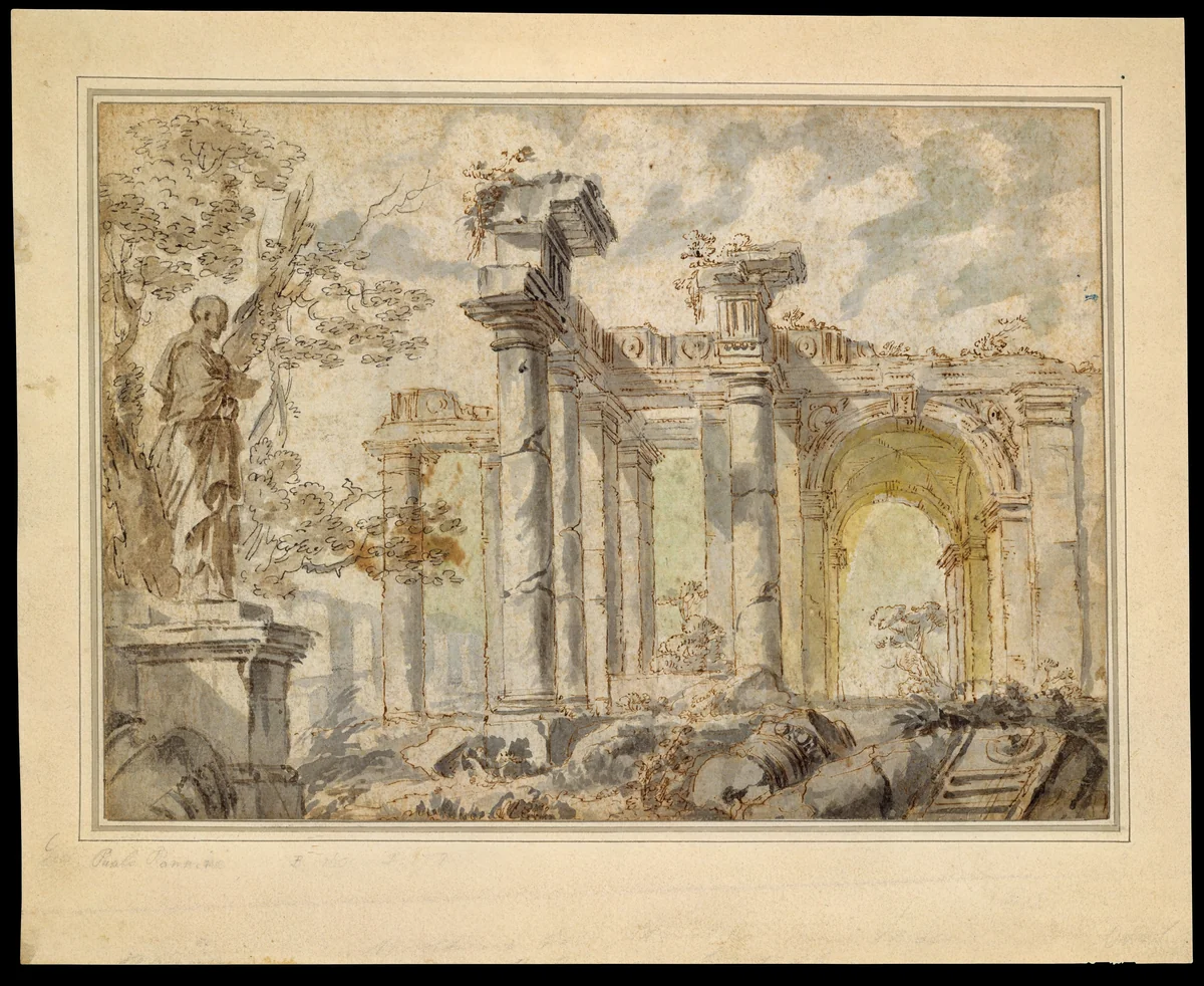 Ruins, with a Statue on the Left by Giovanni Paolo Panini, drawing, 1725-1731