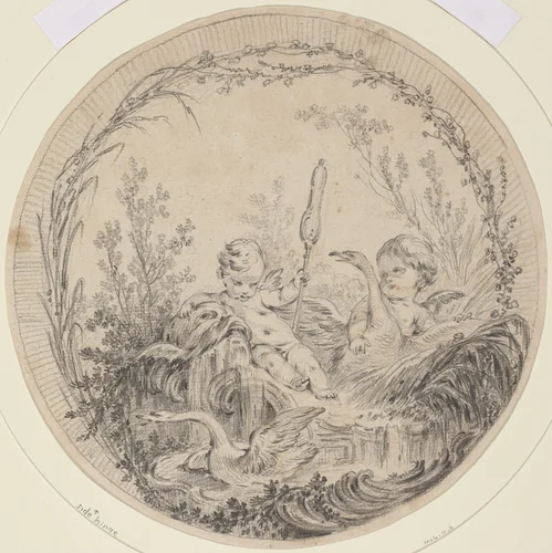 Two Putti Playing with Swans by Charles Eisen, drawing, 1720-1778