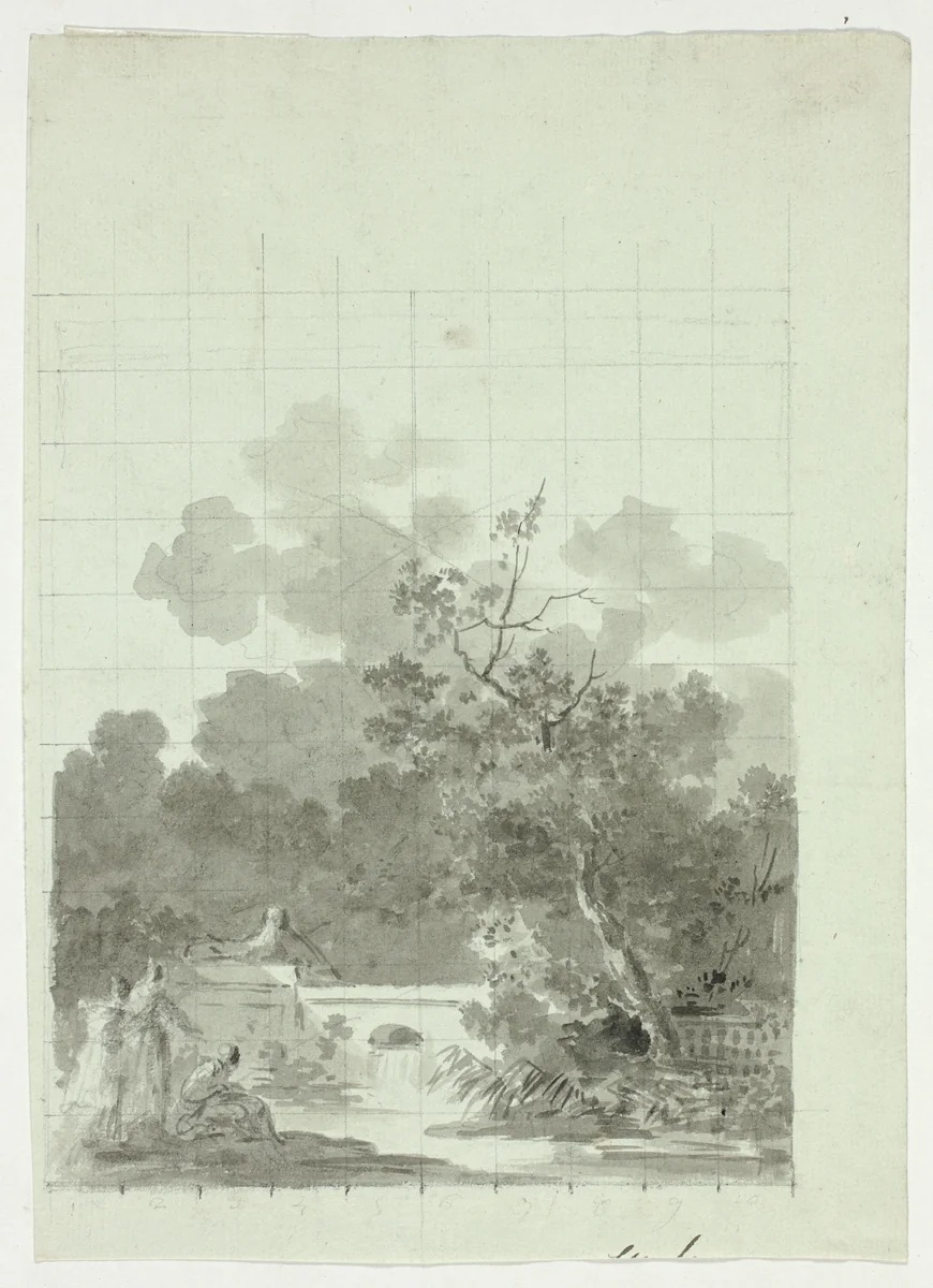 View of the Park at Versailles: Fishing in Pond Near Grove of Trees by Pierre Antoine Mongin, drawing, 1788-1827