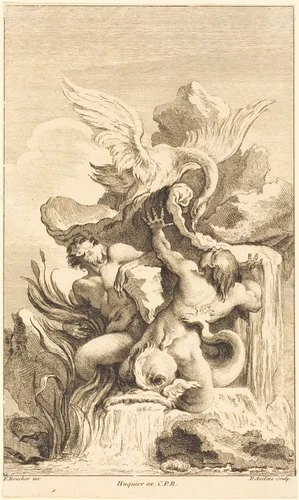 Two Tritons and a Swan by Pierre-Alexandre Aveline; François Boucher, print, 1736