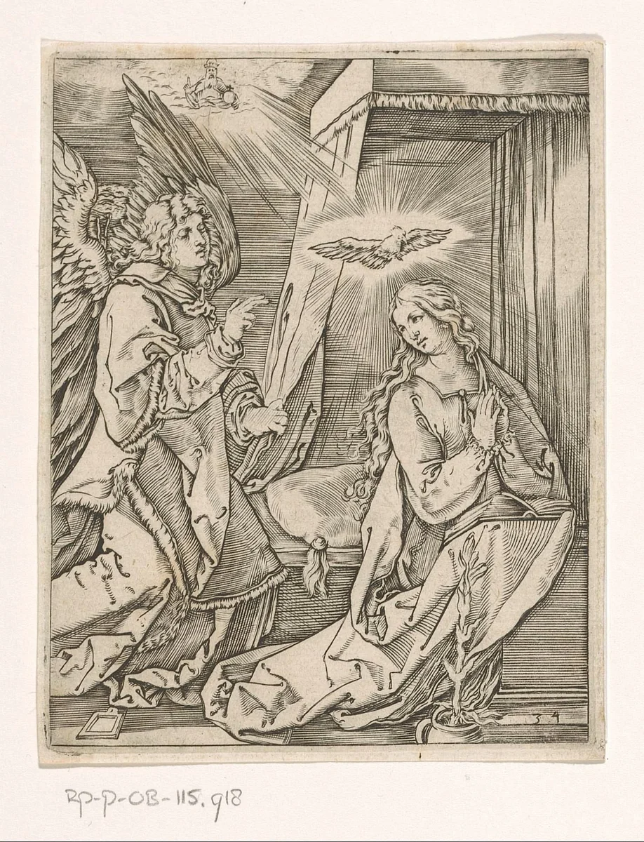 Annunciatie by Marcantonio Raimondi, print, 1511-1534