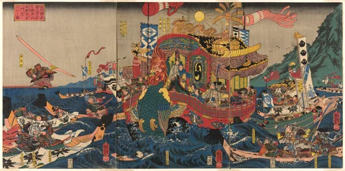 The Utter Defeat of the Taira Clan in the Great Genpei War at Akama Bay in Nagato Province (Nagato no Akama no ura ni oite Genpei ogassen Heike ichimon kotogotoku horobiru zu) by Utagawa Kuniyoshi (歌川國芳), print, 1840-1850