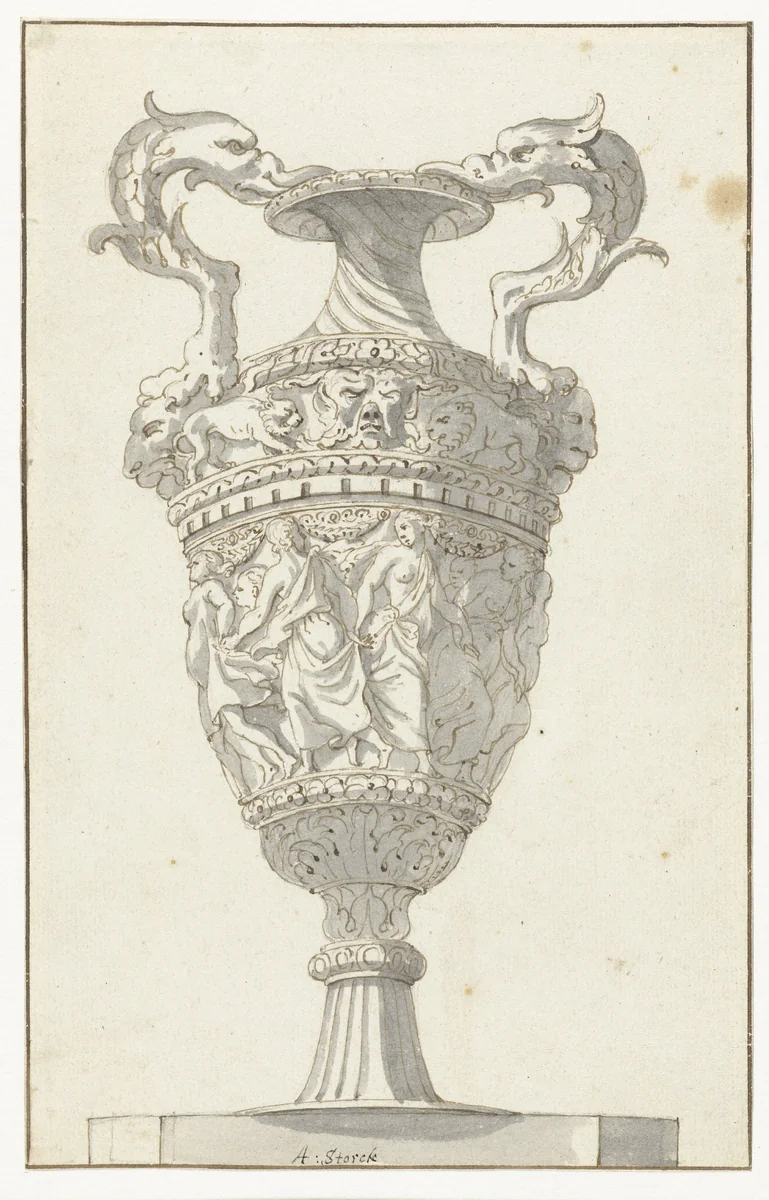 Tuinvaas met een fries van dansende vrouwen by Abraham Storck, drawing, 1645-1710