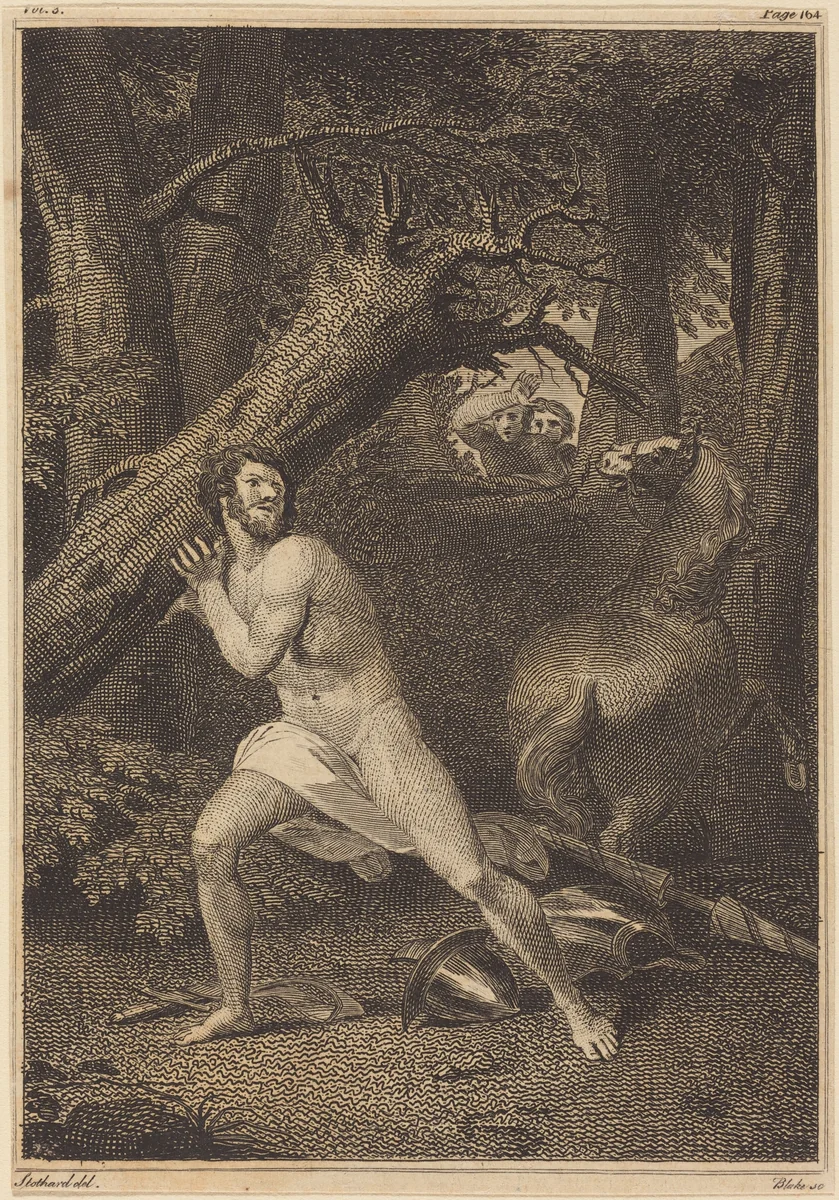 Orlando in a Fury Tearing up Trees by William Blake
Thomas Stothard, print, 1783