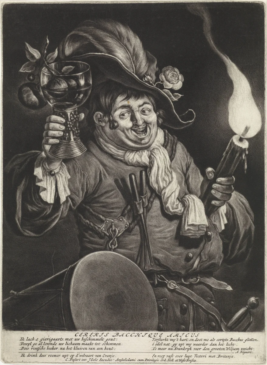Dronken tamboer met roemer en toorts by Jacob Gole, print, 1695-1724