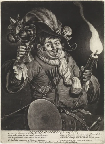 Dronken tamboer met roemer en toorts by Jacob Gole, print, 1695-1724