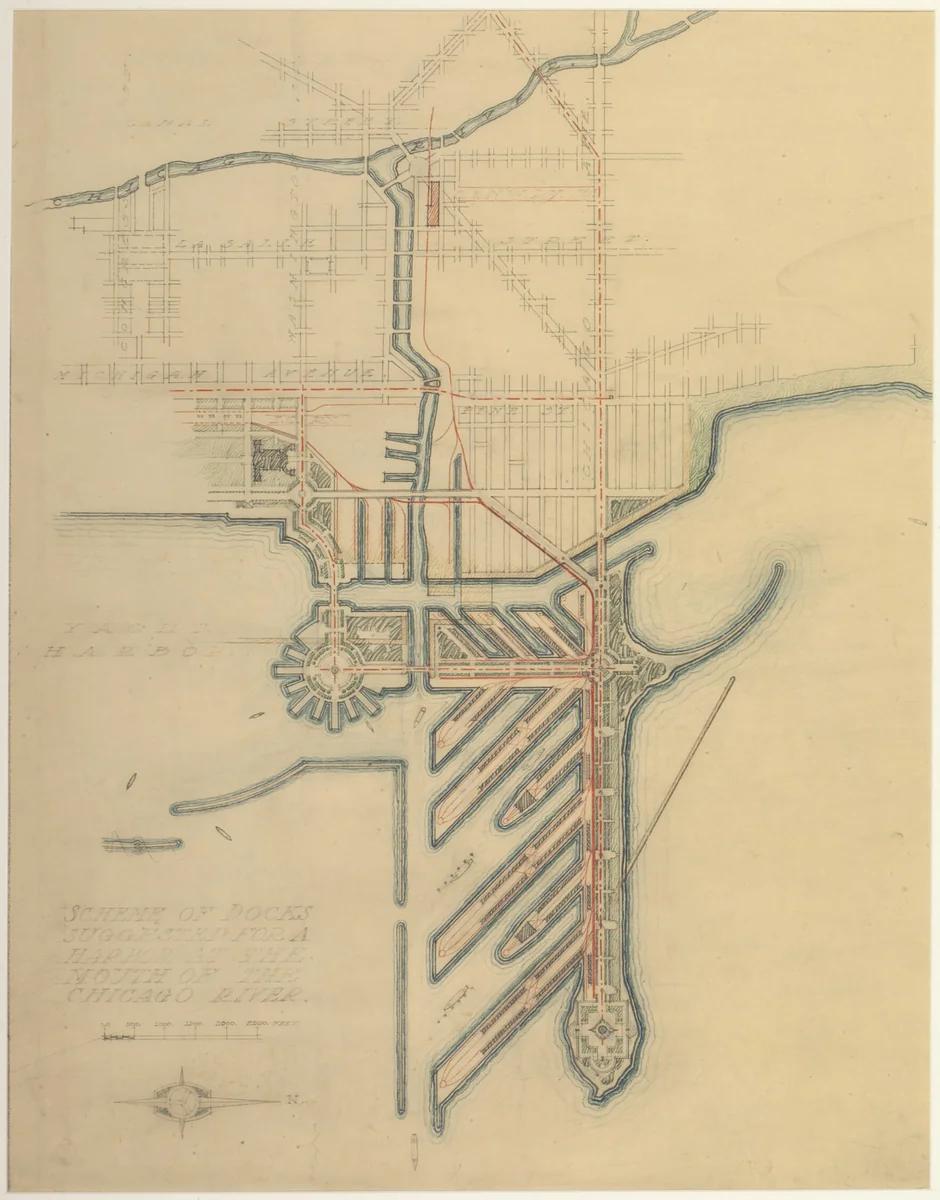 Plate 71 from The Plan of Chicago, 1909: Chicago. Sketch Diagram of Docks Suggested at the Mouth of the Chicago River for Package Freight Steamers. by Daniel Hudson Burnham
Edward Herbert Bennett, drawing, 1909