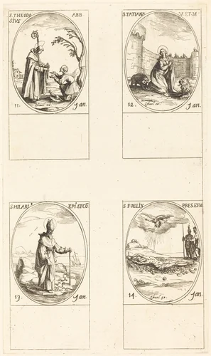 St. Theodosius; St. Tatiana; St. Hilary; St. Felix by Jacques Callot, print, 1592-1635