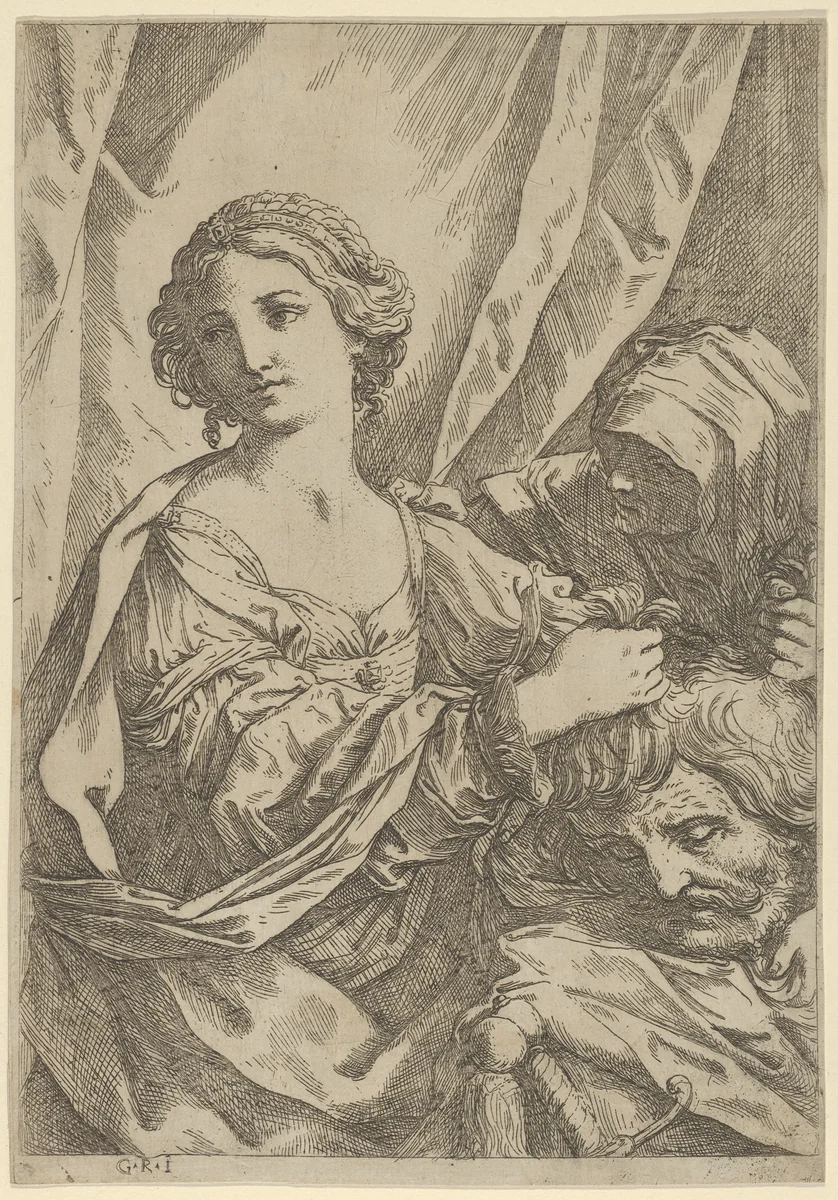 Judith grasping the head of Holofernes by the hair and looking to the left, an old woman at right by Giovanni Andrea Sirani, print, 1600-1640