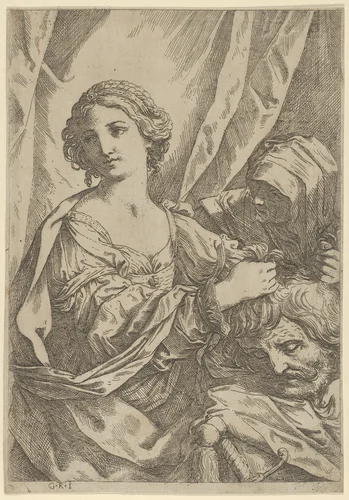 Judith grasping the head of Holofernes by the hair and looking to the left, an old woman at right by Giovanni Andrea Sirani, print, 1600-1640