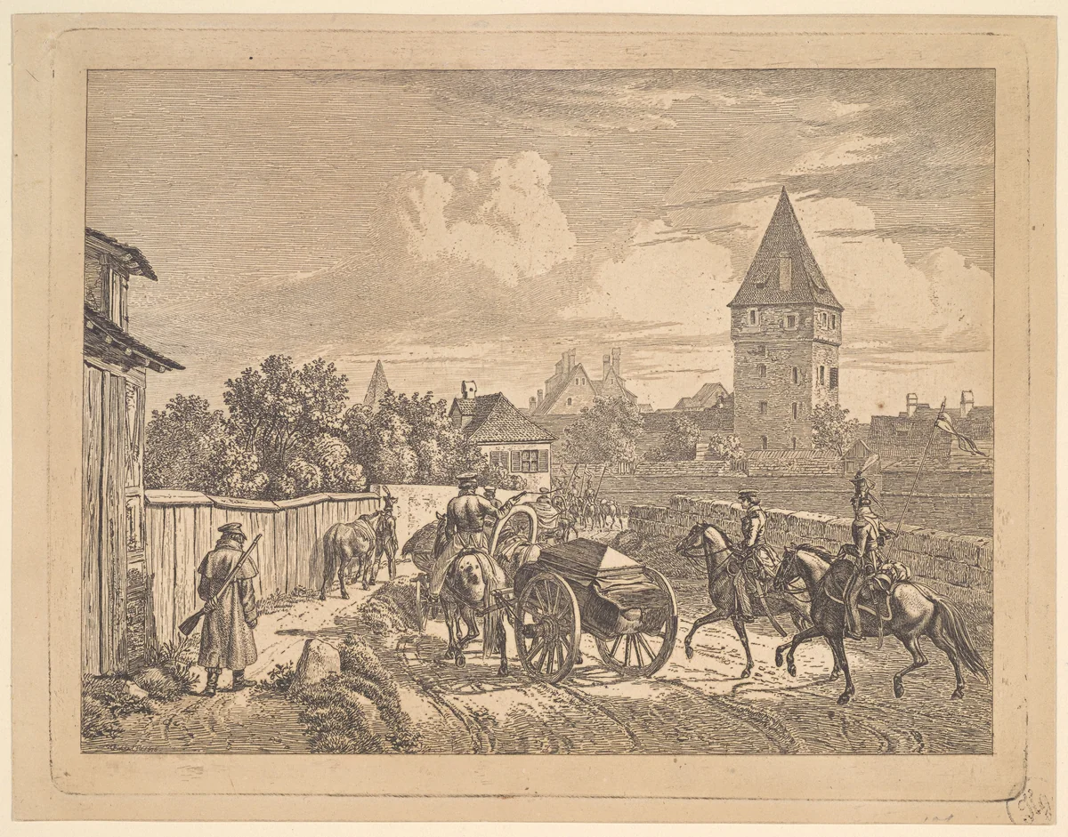 Russian Lancers Escorting the Regimental Cassonne by Johann Christoph Erhard, print, 1816