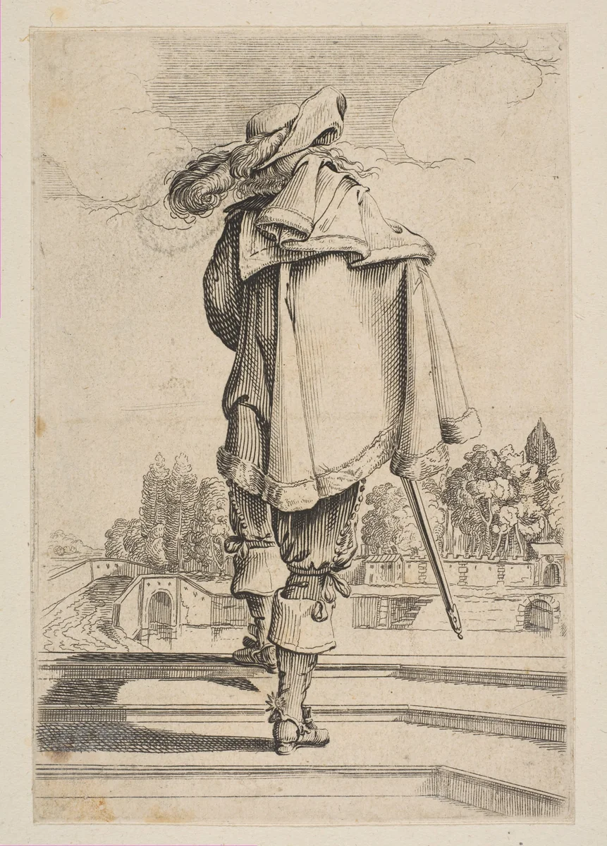 Gentleman in a Cape and Plumed Hat Seen from the Back by anonymous, print, 1629