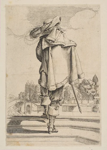 Gentleman in a Cape and Plumed Hat Seen from the Back by anonymous, print, 1629