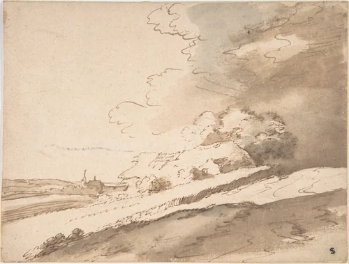 Landscape with Farm House and a Steeple in the Distance by anonymous, drawing, 1600-1700