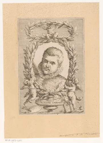 Portret van kunstenaar Agostino Carracci by Domenico Santi, print, 1631-1694