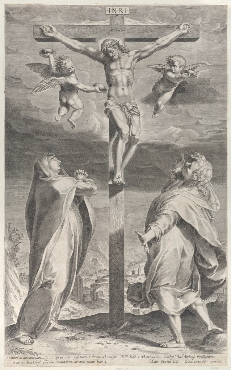 Crucifixion with the Virgin Mary and Saint John the Evangelist, angels overhead by Gijsbert Van Veen, print, 1588-1598