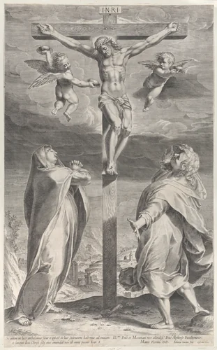 Crucifixion with the Virgin Mary and Saint John the Evangelist, angels overhead by Gijsbert Van Veen, print, 1588-1598