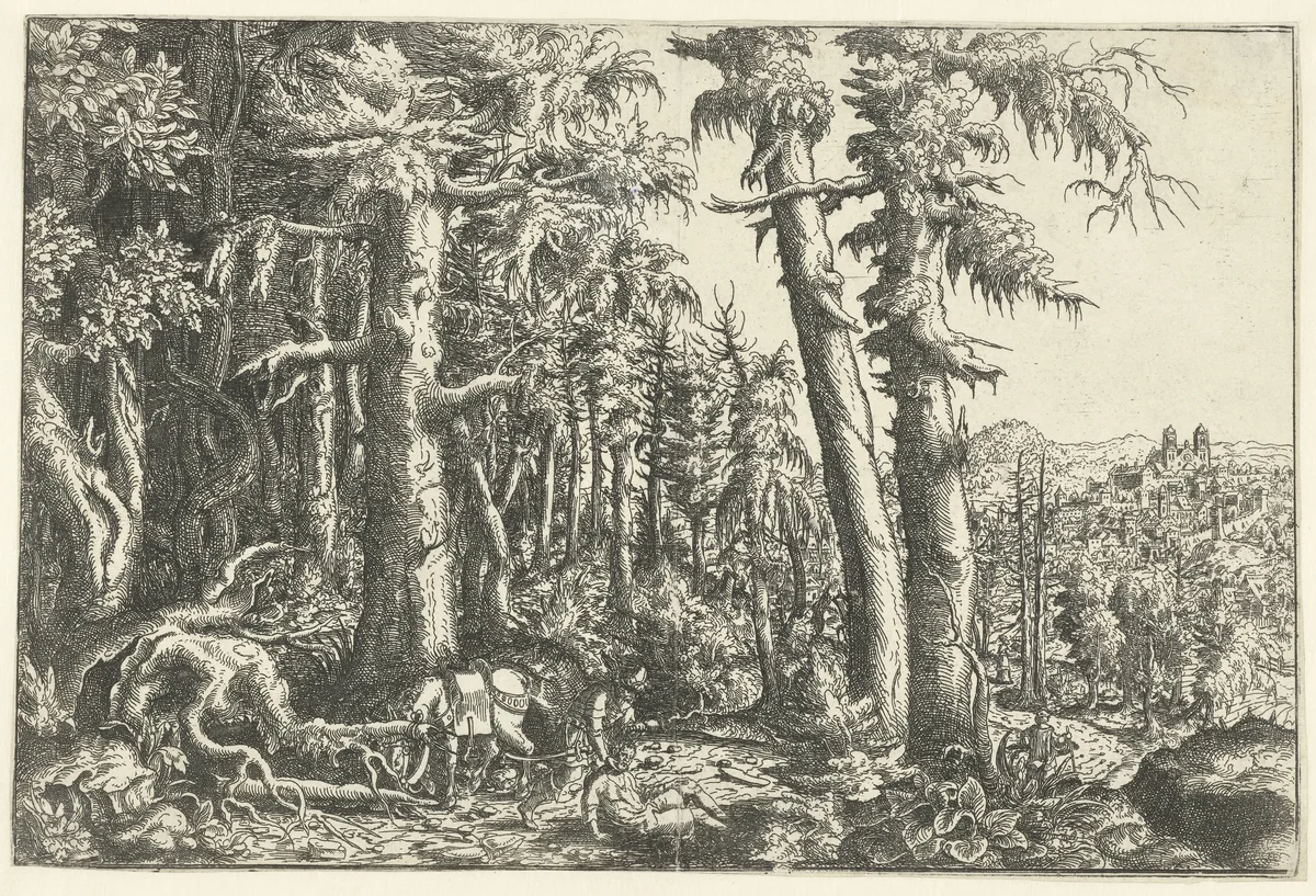 Landschap met barmhartige Samaritaan by Hans Lautensack, print, 1534-1566
