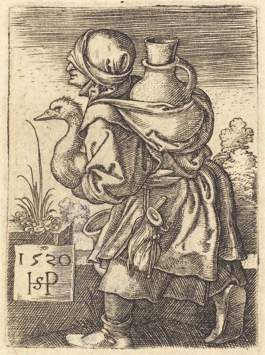 Peasant Woman Going to Market by Sebald Beham, print, 1520