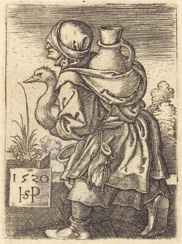 Peasant Woman Going to Market by Sebald Beham, print, 1520