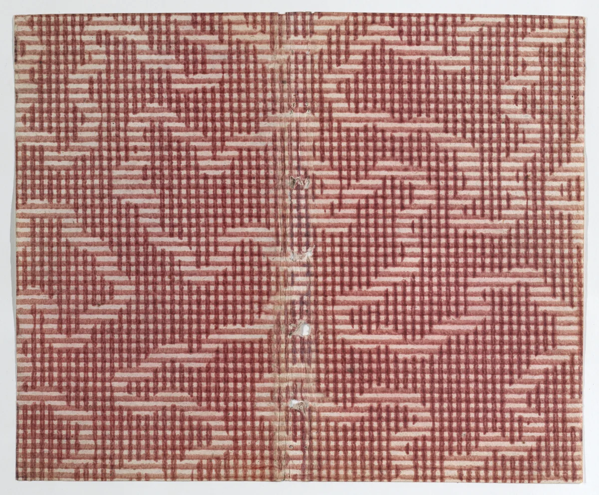 Book cover with red crisscross and stripe pattern by anonymous, print, 1800-1900
