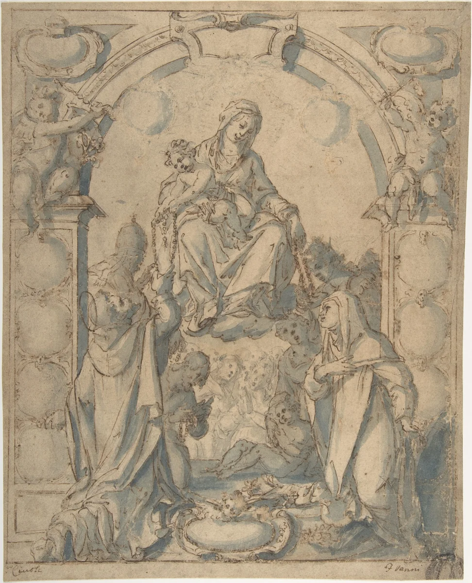 Madonna and Child Adored by Two Saints by anonymous, drawing, 1500-1600