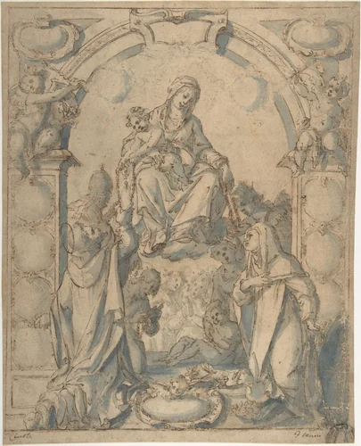Madonna and Child Adored by Two Saints by anonymous, drawing, 1500-1600