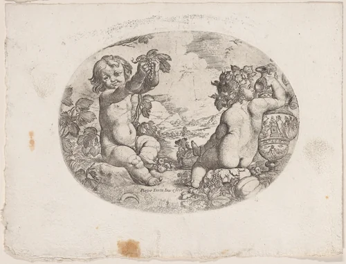 Putto at the left hold aloft grapes,another seated at the right holding an urn, an allegory of the seasons (Summer), an oval composition by anonymous, print, 1650-1680