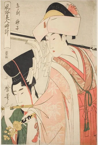 Hour of the Horse [12 am], Shrine Maiden (Uma no koku, miko), from the series “Customs of Beauties Around the Clock” ("Fuzoku bijin tokei") by Kitagawa Utamaro (喜多川歌麿), print, 1793-1804