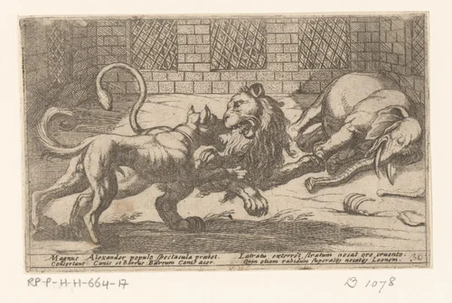 Een hond, een leeuw en een olifant in een kooi by Antonio Tempesta, print, 1605