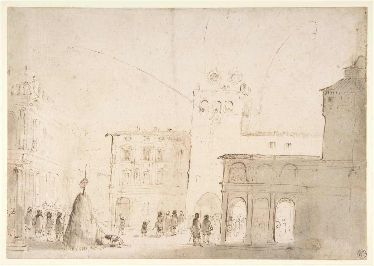 Fireworks in a Piazza by Guercino, drawing, 1613-1628