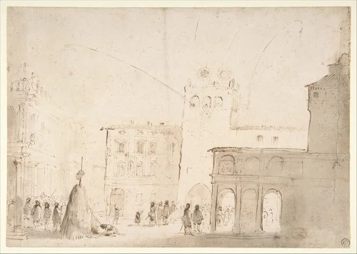 Fireworks in a Piazza by Guercino, drawing, 1613-1628