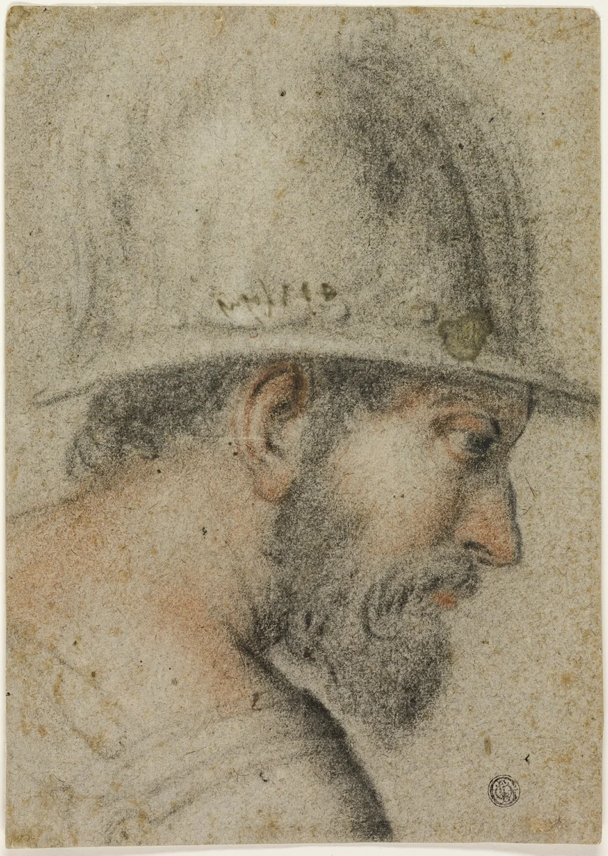 Profile Head of a Soldier with Helmet by Gabriele Caliari, drawing, 1588-1596