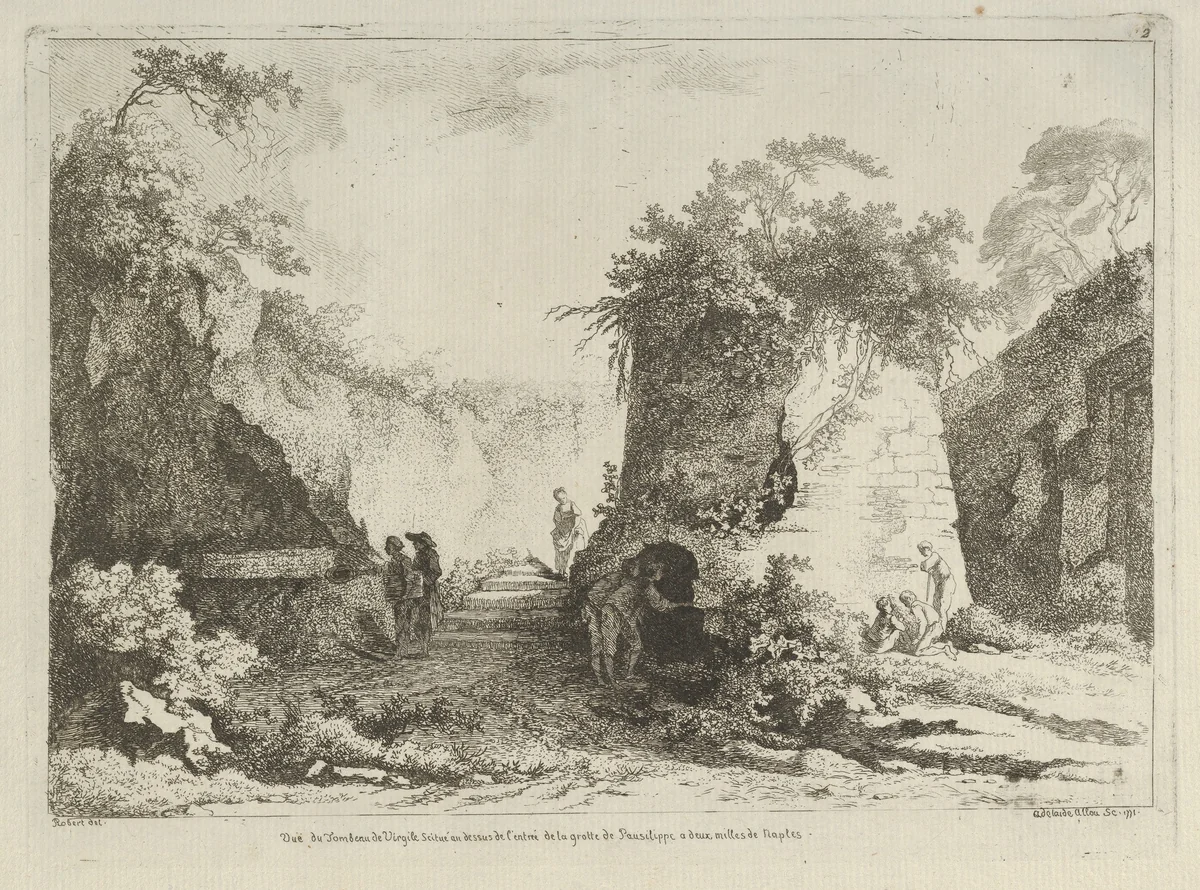 Vue du Tombeau de Virgile from Differentes vues dessiné d'après nature... dans les environs de Rome et de Naples by Adélaide Allou, print, 1700-1799