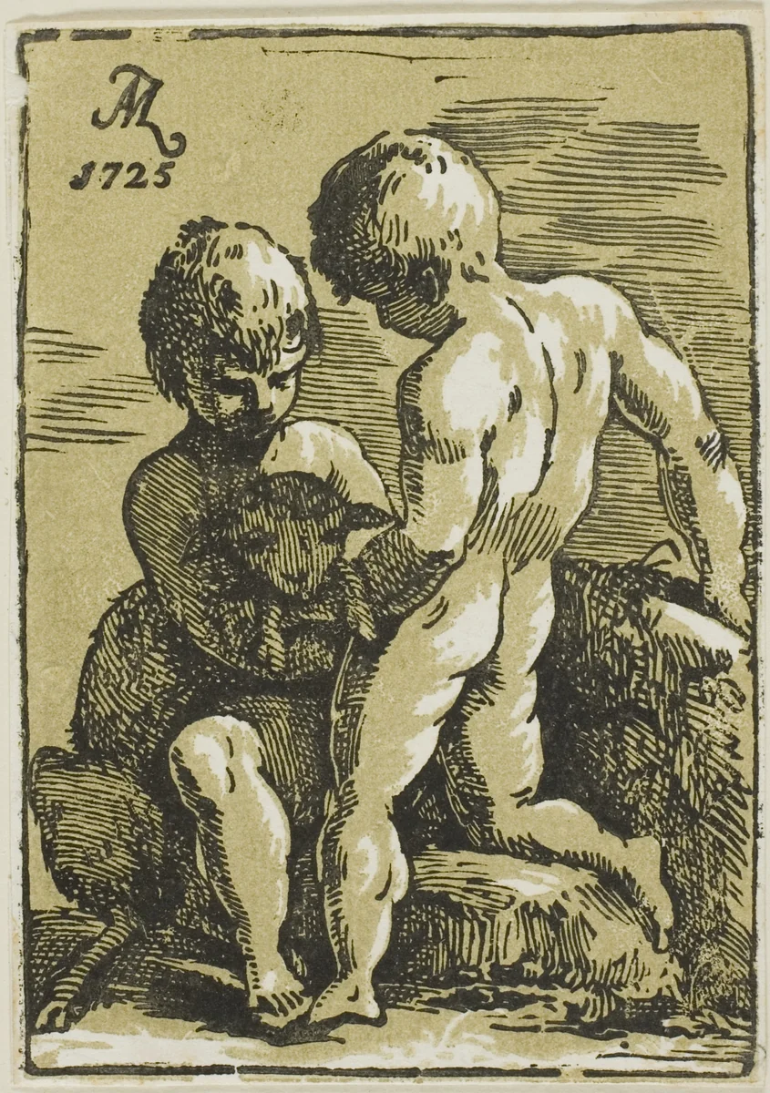 Two Children Petting a Lamb by Anton Maria Zanetti, print, 1725