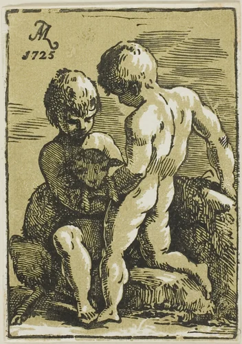 Two Children Petting a Lamb by Anton Maria Zanetti, print, 1725