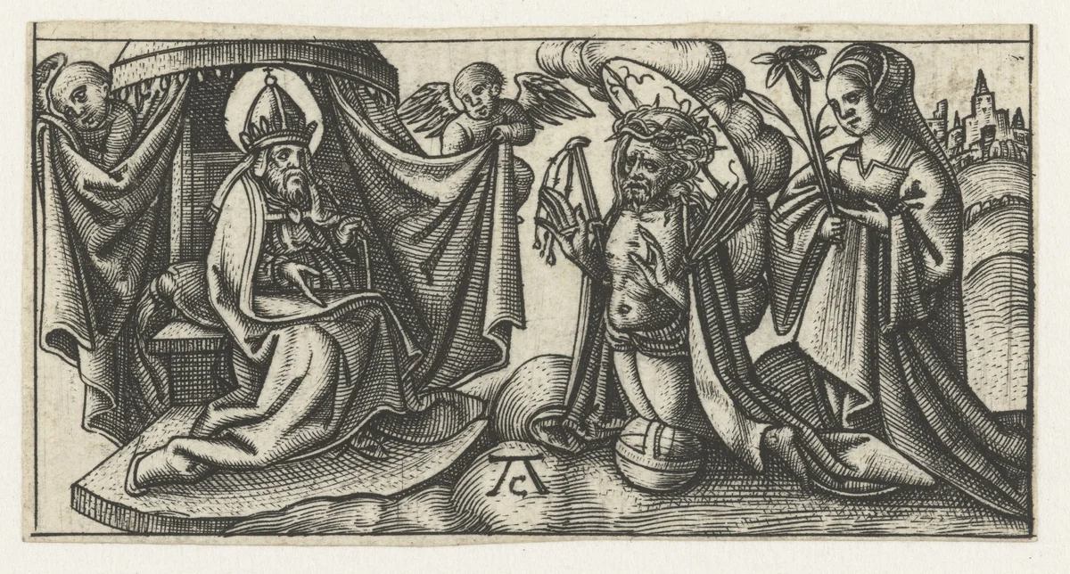 Christus voor Gods troon by Unknown, print, 1520-1562