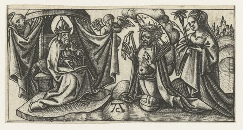 Christus voor Gods troon by Unknown, print, 1520-1562