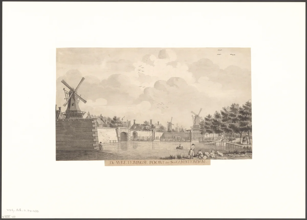 Gezicht op de Weteringpoort vanaf het Singel by Dirk Verrijk, drawing, 1744-1786