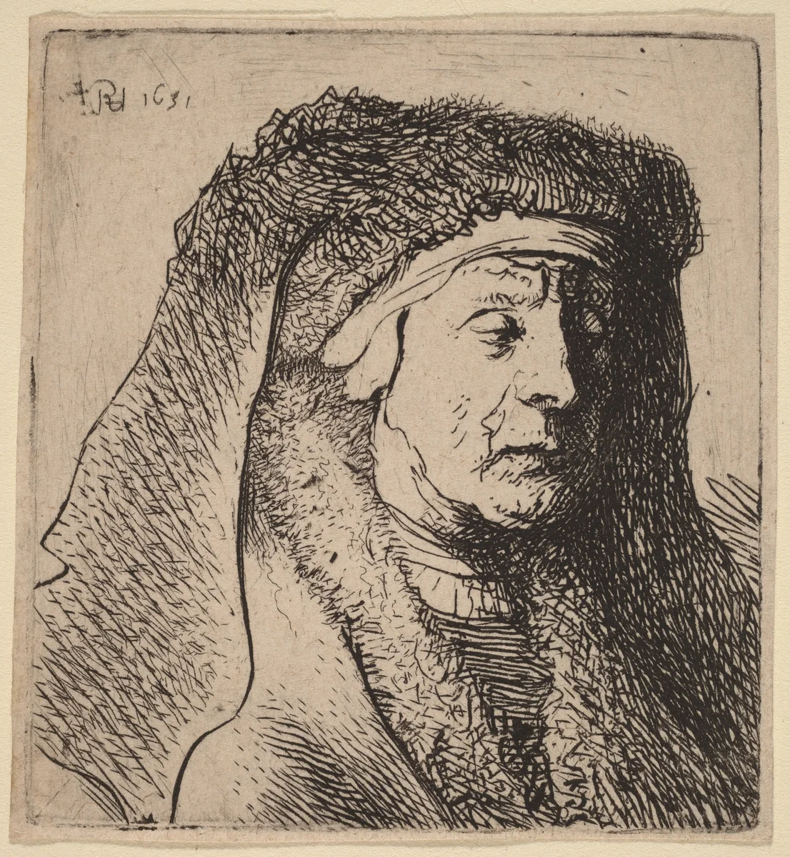 Bust of an Old Woman in a Furred Cloak and Heavy Headdress by Rembrandt van Rijn, print, 1631