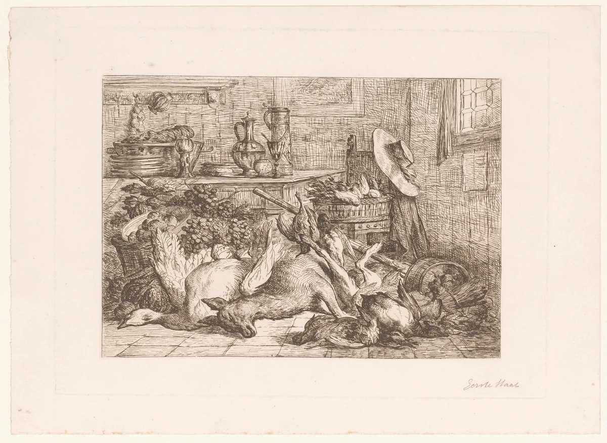 Stilleven met wild, fruit en vaatwerk by Lucas Victor Schaefels, print, 1880-1885
