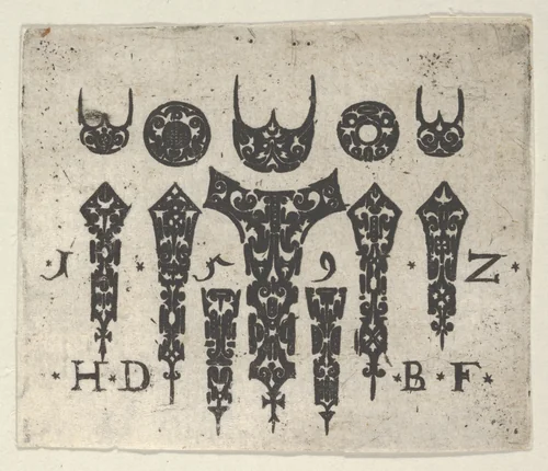 Blackwork Print with a Row of Seven Vertical Fillets Below a Row of Three-Pronged Motifs and Circles by Hans de Bull, print, 1592