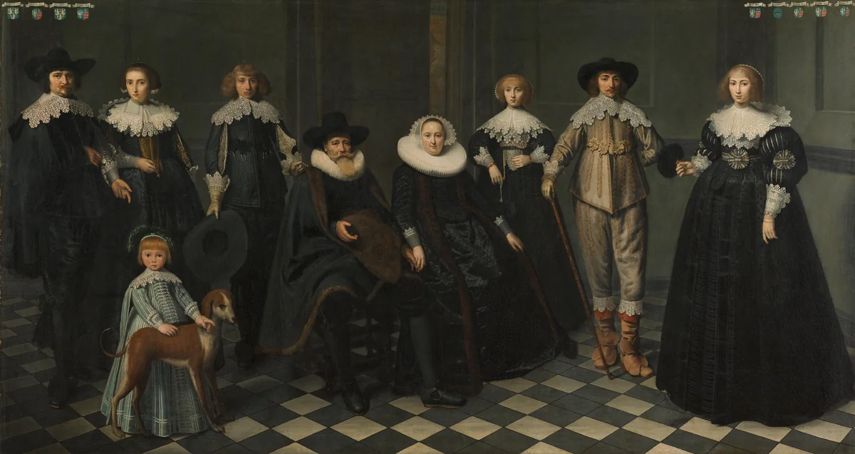 Portrait of the Family of Dirck Jacobsz Bas (1569-1637), Burgomaster of Amsterdam, and Margriet Snoeck (1588-1645) by Dirck van Santvoort, painting, 1634-1635