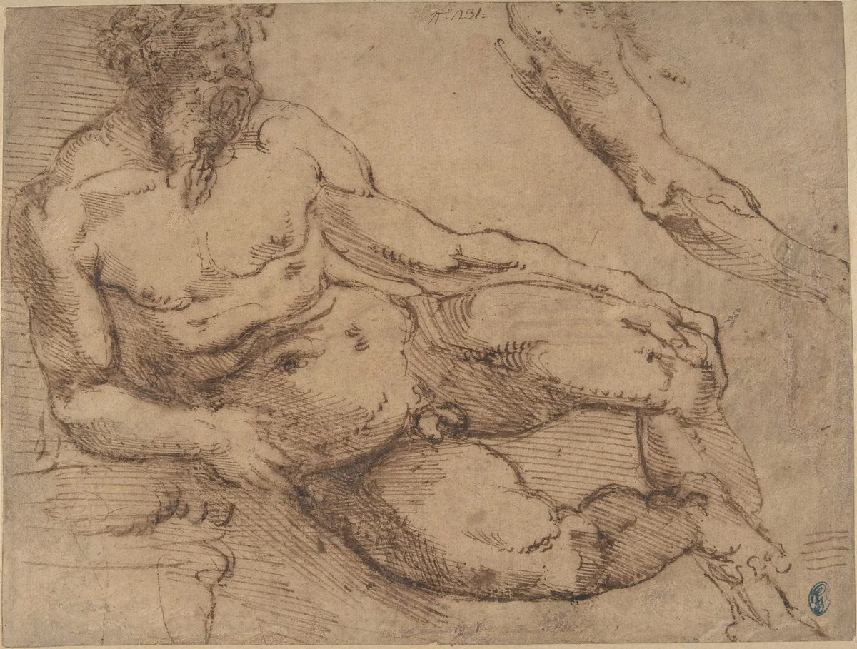 A River God (recto); Sketches for the Vestibule of the Laurenziana, Florence (verso) by Bartolomeo Ammanati, drawing, 1511-1592