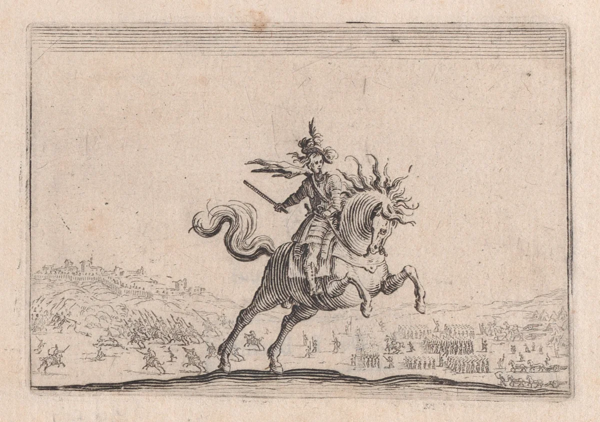 Le Commandant a Cheval (The Commander on Horseback), from "Les Caprices" Series B, The Nancy Set by Jacques Callot, print, 1617-1620