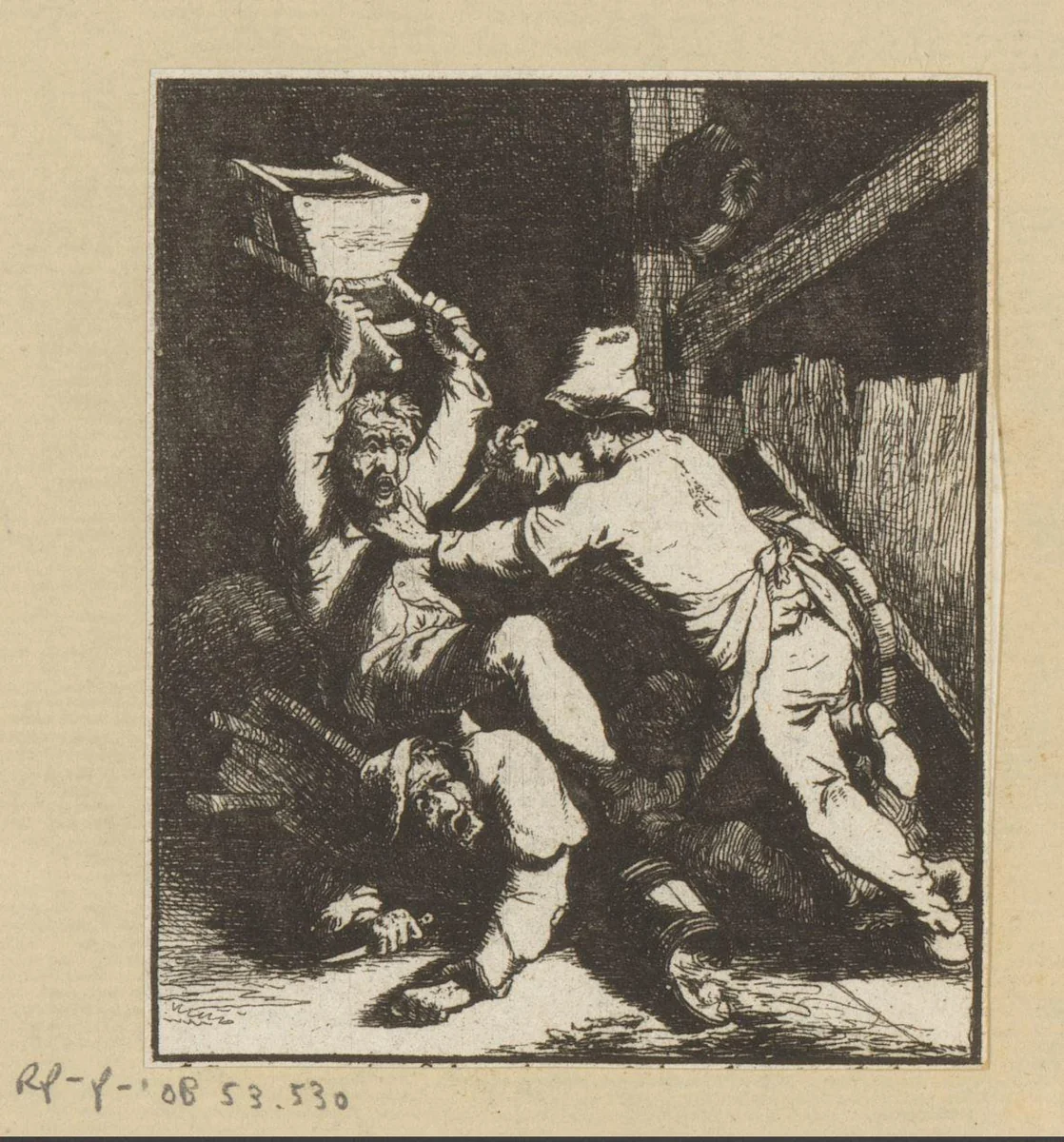 Drie vechtende mannen by Carl August Grossmann, print, 1760-1798