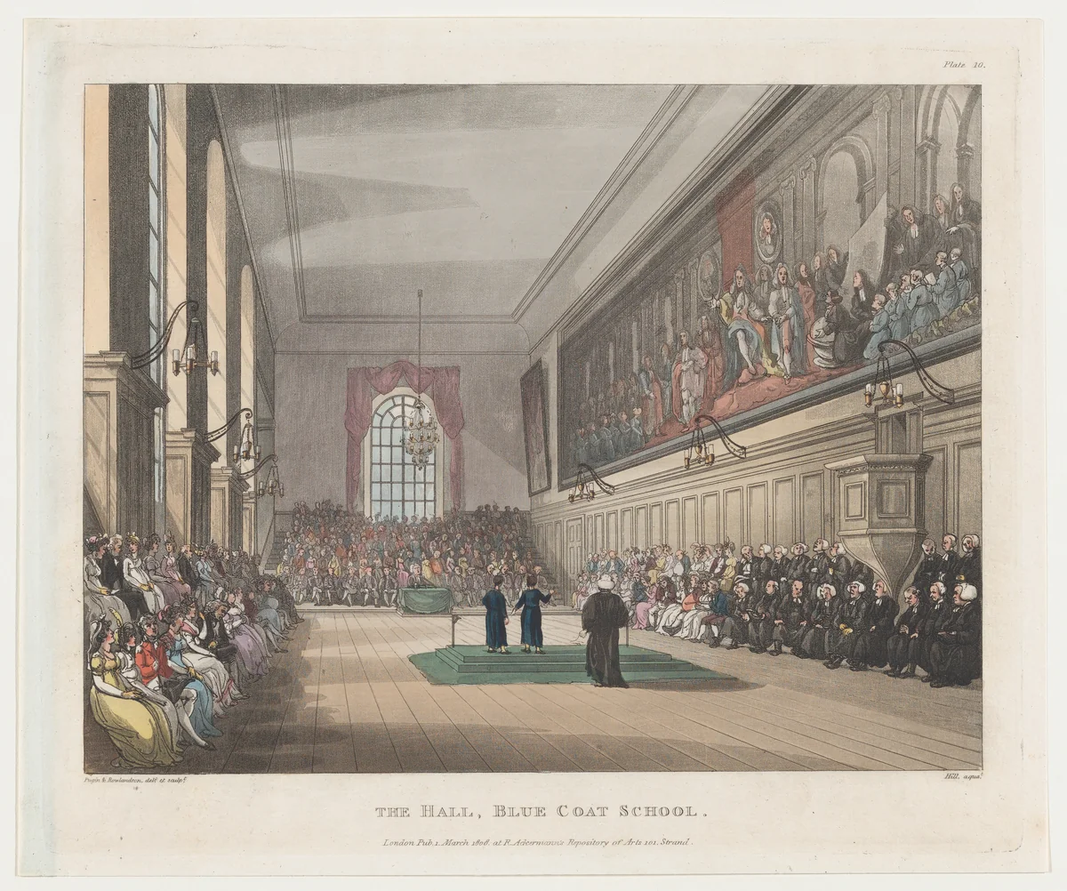 The Hall, Blue Coat School by Thomas Rowlandson, print, 1808