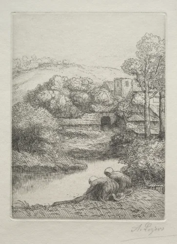 The Washing Place, called The Washerwomen (Le Lavoir, Dite "Les Laveuses") by Alphonse Legros, print, 1857-1911